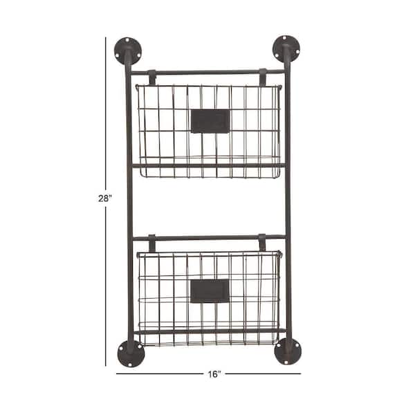 Black Wall Mounted Magazine Rack Holder with Suspended Baskets and Label Slot