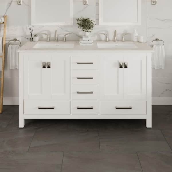 Aberdeen 60 in. Double Sink White Bath Vanity with White Carrara Quartz Top (Assembled)