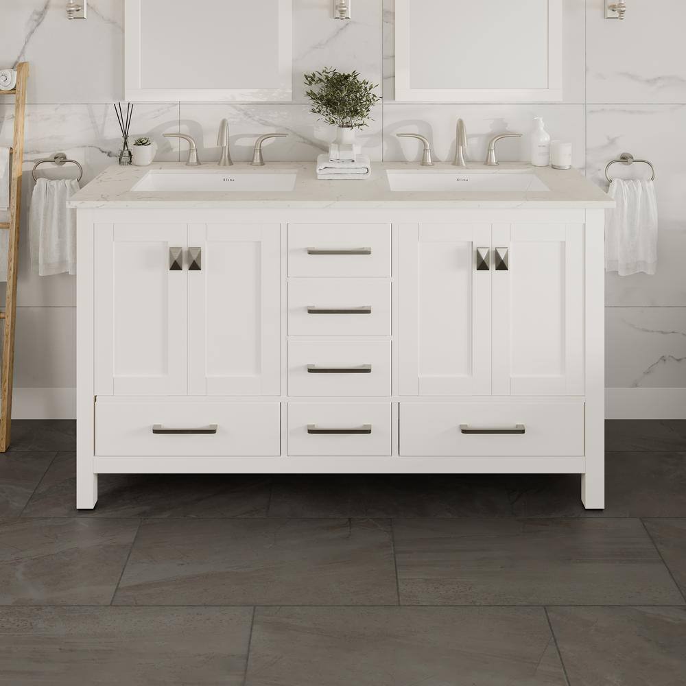 Aberdeen White Double Sink Bathroom Vanity with Carrara Quartz Top