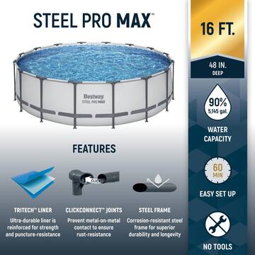 Bestway Pro MAX 16 ft. x 16 ft. Round 48 in. Metal Frame Above Ground Swimming Pool with Pump & Cover 5613AE-BW