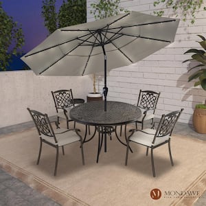 5-Piece Cast Aluminum Outdoor Dining Set Round Classic Pattern Table Flower-Shaped Backrest Chairs with Beige Cushions