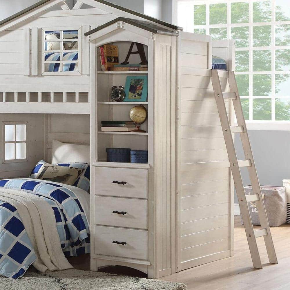 Whimsical Weathered White & Washed Gray Wooden Tree House Bookcase
