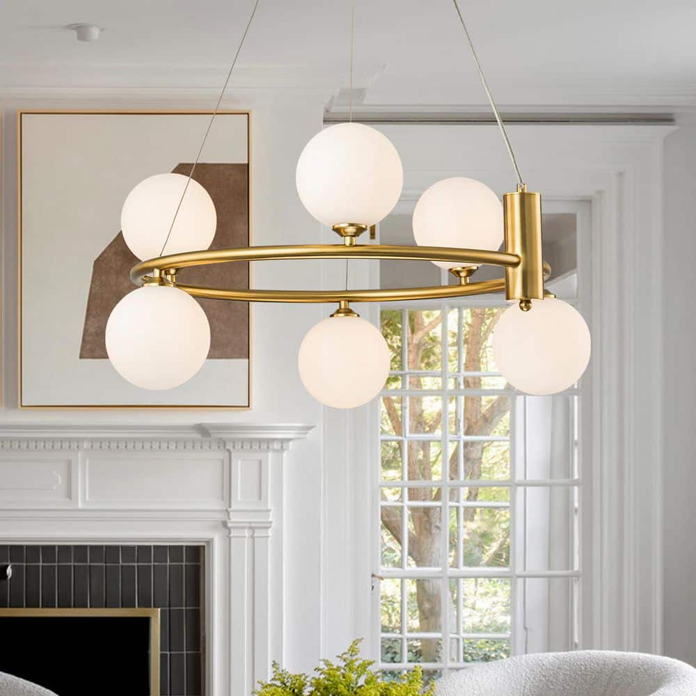 Modern 6-Light Gold Circular Iron Ring Pendant Light with Milky White Glass