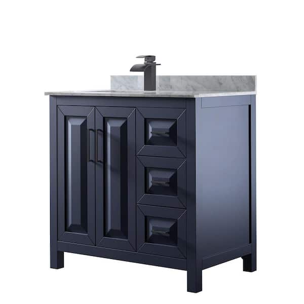 Wyndham Collection Daria 36 in. W x 22 in. D x 35.75 in. H Single Bath Vanity in Dark Blue with White Carrara Marble Top