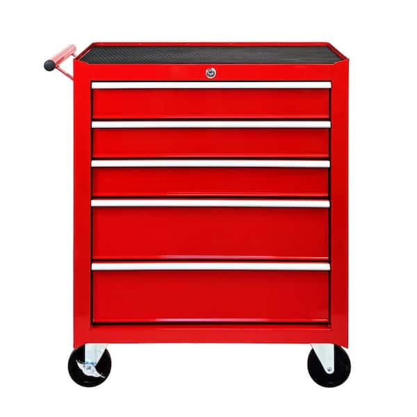 5-Drawer Rolling Tool Chest 24.4 in. W x 13.1 in. D x 29.9 in.H w/Lock and Key,Top Cushion,Outdoor Storage Cabinet,Red