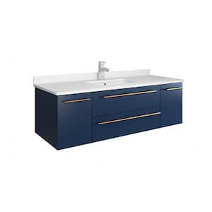 Lucera 48 in. W Wall Hung Bath Vanity in Royal Blue with Quartz Stone Vanity Top in White with White Basin