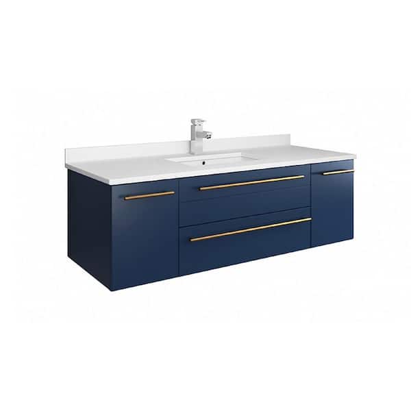 Fresca Lucera 48 in. W Wall Hung Bath Vanity in Royal Blue with Quartz Stone Vanity Top in White with White Basin