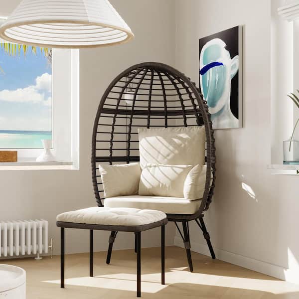 MEOOEM 2-Piece Wicker Outdoor Bistro Egg Chair with Ottoman, Chair Footrest Set with Cushions for Garden Patio Balcony