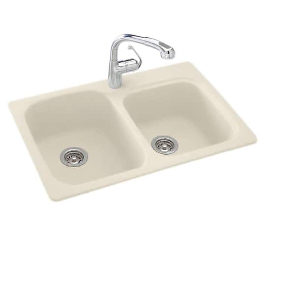 Swan Drop-In/Undermount Solid Surface 33 in. 1-Hole 55/45 Double Bowl Kitchen Sink in Bone