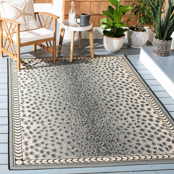 Courtyard Gray/Black 9 ft. x 12 ft. Border Cheetah Indoor/Outdoor Patio  Area Rug