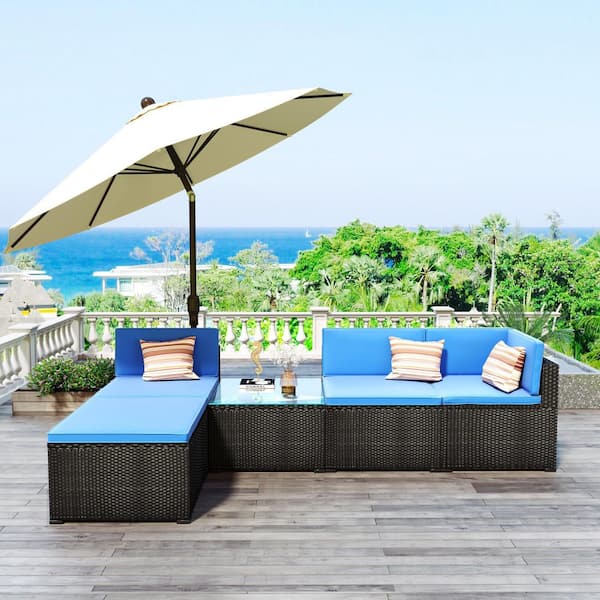 Tunearary Patio 5-Piece Rattan PE Wicker Outdoor Corner Sofa Set Furniture with Blue Cushion