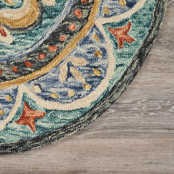 Daliah Modern Blue Multi 4 ft. Round Floral Medallion Border Wool Indoor Area Rug