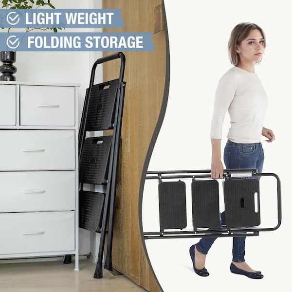 3-Step Reach Non-Slip Steel Step Stool w/Safety Handrails and Wide Anti-Slip Pedals, 800 lbs. Folding