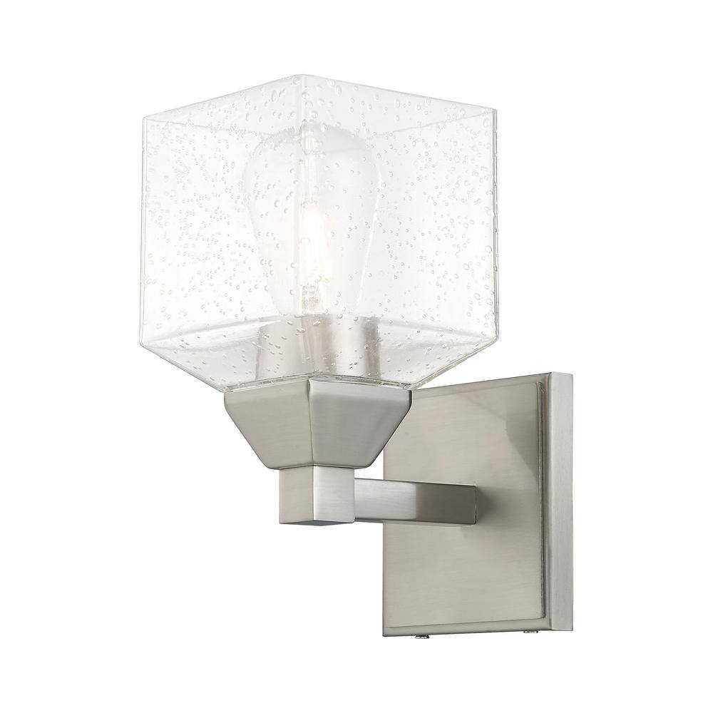 Brushed Nickel Dimmable Wall Sconce with Hand Blown Clear Seeded Glass