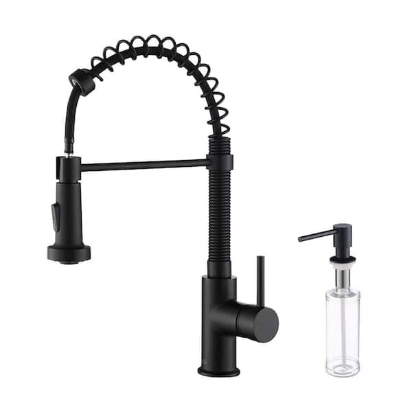 KIBI 17 in.H Single Hole 1.8 GPM Pull Down Sprayer Kitchen Faucet with 360° Spout Swivel, Soap Dispenser in Matte Black