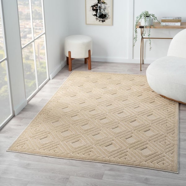 Arlo Beige 5 ft. x 7 ft. Geometric High-Low Polypropylene Indoor/Outdoor Area Rug