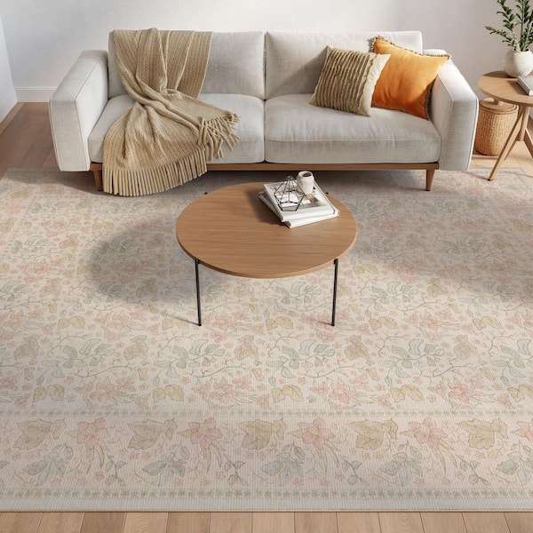 Botanical Washables Beige Multicolor 8 ft. x 10 ft. Floral Contemporary Area Rug