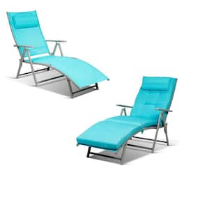 2-Pieces Cushioned Folding Metal Outdoor Chaise Lounge Chair Adjustable Recliner with Turquoise Cushions