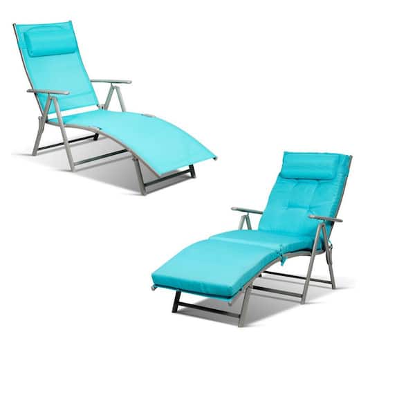 HONEY JOY 2-Pieces Cushioned Folding Metal Outdoor Chaise Lounge Chair Adjustable Recliner with Turquoise Cushions
