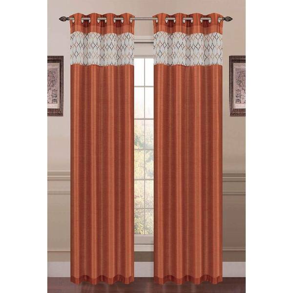 Window Elements Semi-Opaque Felicity Embroidered Faux Silk 54 in. W x 84 in. L Grommet Extra Wide Curtain Panel in Rust