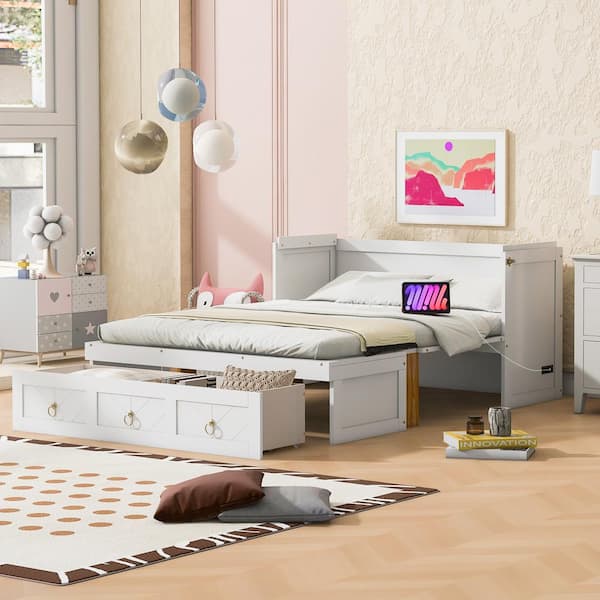 Nestfair White Wood Frame Full Size Murphy Bed with Drawer and USB Ports
