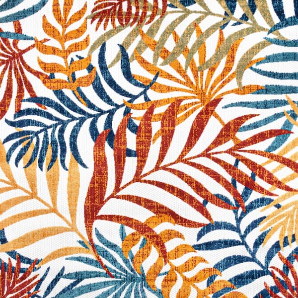 Tropics Palm Leaves Cream/Orange 5 ft. Square Indoor/Outdoor Area Rug