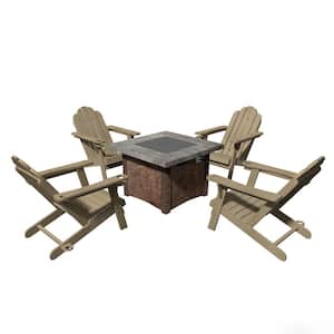 34.5 in. Square Gas Metal Fire Pit with 5 Back Panel Fixed Outdoor Adirondack Chair in Brown
