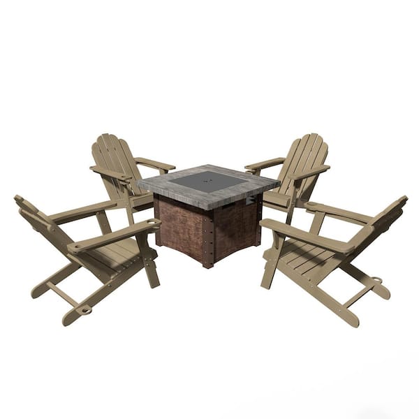 Boyel Living 34.5 in. Square Gas Metal Fire Pit with 5 Back Panel Fixed Outdoor Adirondack Chair in Brown