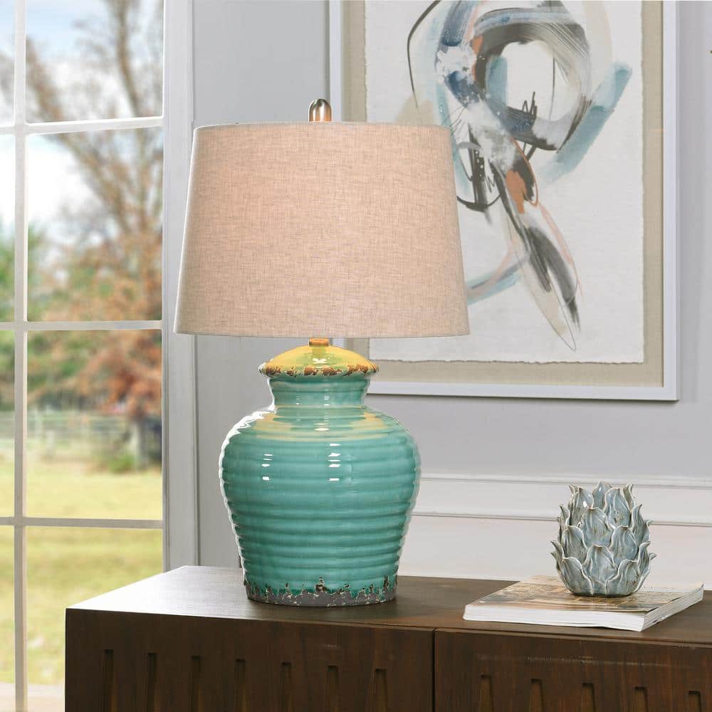 Turquoise Ceramic Table Lamp with Beige Linen Shade