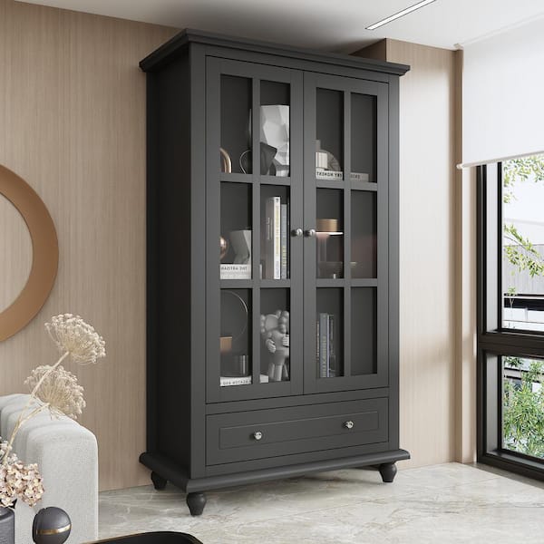 Black 55.1 in. H Accent Cabinet Freestanding Office Storage Cabinet with Glass Doors, Adjustable Shelves and Drawer