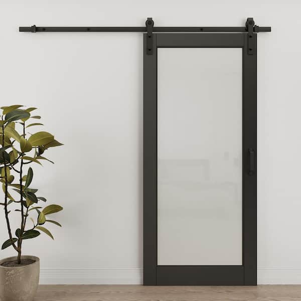36 in. x 80 in. Waterproof 1-Lite Frosted Glass Black Finished MDF Sliding Barn Door with Hardware Kit and Soft Close
