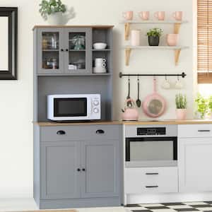 Gray Engineered Wood Kitchen Pantry Cabinet Storage Hutch with Adjustable Shelves, Buffet Cupboard and Microwave Stand