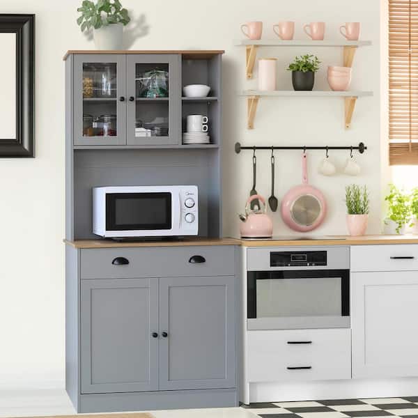 VEIKOUS Gray Engineered Wood Kitchen Pantry Cabinet Storage Hutch with Adjustable Shelves, Buffet Cupboard and Microwave Stand