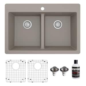 QT-810 Quartz/Granite 33 in. Double Bowl 50/50 Top Mount Drop-in Kitchen Sink in Concrete with Bottom Grid and Strainer