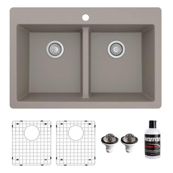 Karran QT-810 Quartz/Granite 33 in. Double Bowl 50/50 Top Mount Drop-in Kitchen Sink in Concrete with Bottom Grid and Strainer
