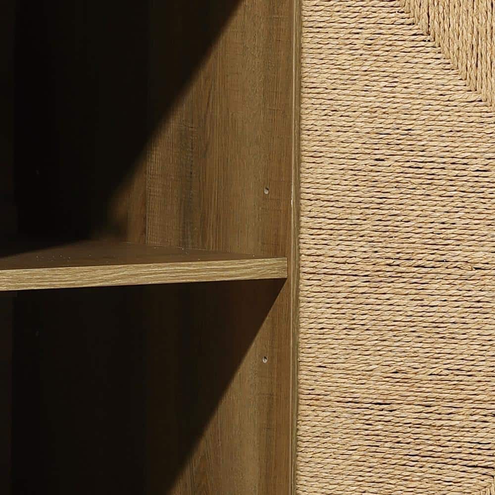 Brown Mid-Century Modern Jute 2-Door Cabinet with Adjustable Shelving