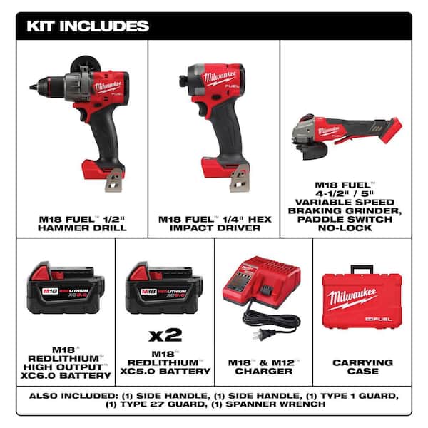 M18 FUEL 18V Lith-Ion Brushless Cordless Hammer Drill & Impact Driver Combo Kit (3-Tool) w/ 3 Batteries & M18 Grinder