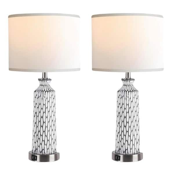 Unbranded 26 in. H White Gray Table Lamp with USB Ports and 2700K LED Bulb 3-Way Dimming Touch Control Nightstand Lamp(Set of 2)