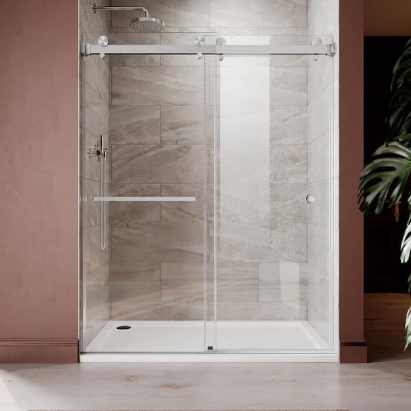UKD01 66 to 72 in. W x 72 in. H Double Sliding Frameless Shower Door in Brushed Nickel, EnduroShield 3/8 in. Clear Glass