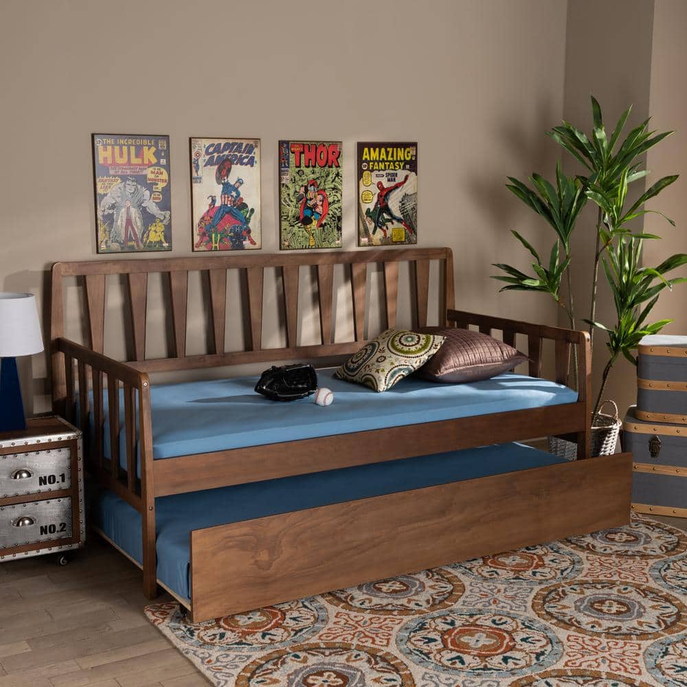 Walnut Twin Daybed with Roll-Out Trundle and Slatted Panels
