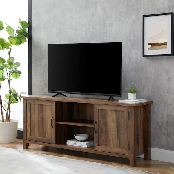 58 in. Modern Farmhouse Rustic Oak Wood TV Stand with 2 Grooved Doors (Max TV Size 65 in.)