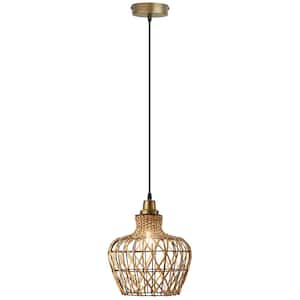 Rudy 1-Light Tan, Black, and Gold Hanging Pendant with Basket-Weave Rattan Shaded