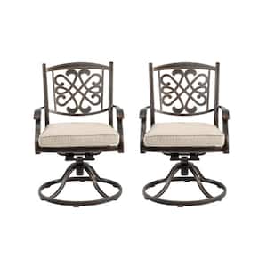Set of 2 Cast Aluminum Flower-Shaped Backrest Outdoor Chaise Lounge Swivel Chairs with Beige Cushions