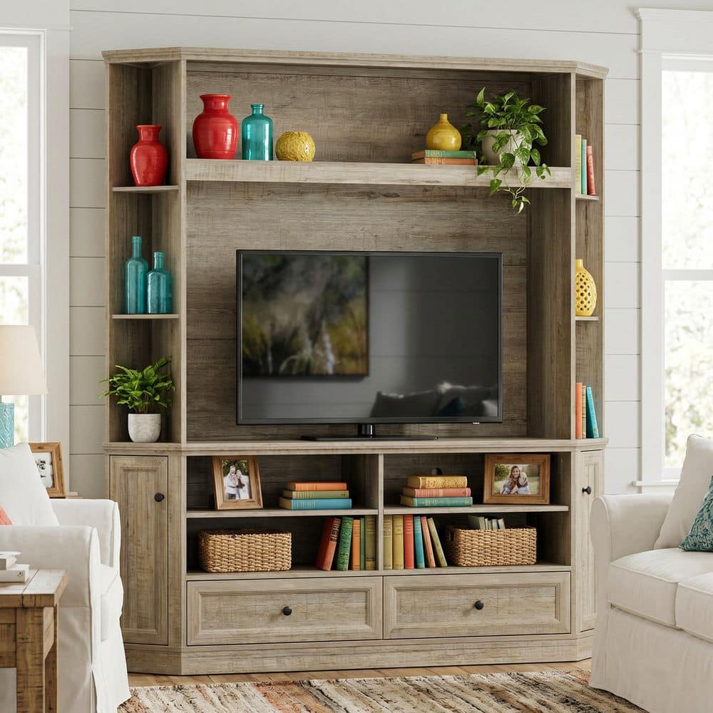 Gray Wood Grain TV Stand, Entertainment Center Fits TVs up to 55 in. with 2 Drawers Adjustable Shelf and Cable Holes