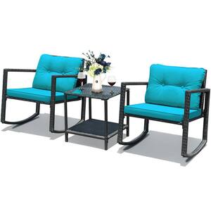 3-Piece Black Wicker Outdoor Bistro Set with Rocking Chairs Blue Cushions