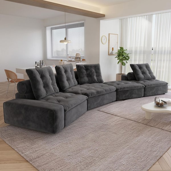 Magic Home 204 in. Square arm Rectangle 3-Seater Frosted Velvet Free Combination Modular Sectional Sofa with Ottoman in. Gray