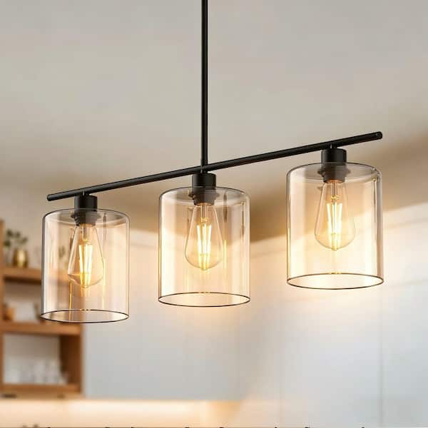 31.5 in. 3 Light Black Island Pendant Light with Clear Glass Shade, Adjustable Rod Hanging Light Fixture for Ktchen