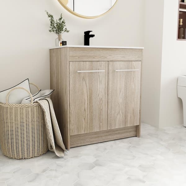 FAMYYT 30 in. W x 18.1 in. D x 33.8 in. H Freestanding Bath Vanity in White Oak with White Ceramic Top and Sink