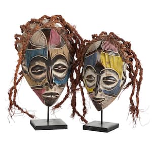 Handmade Multi-Colored Barkcloth and Baobab Wood Chokwe Mask with Long Rope Hair - Set of 2