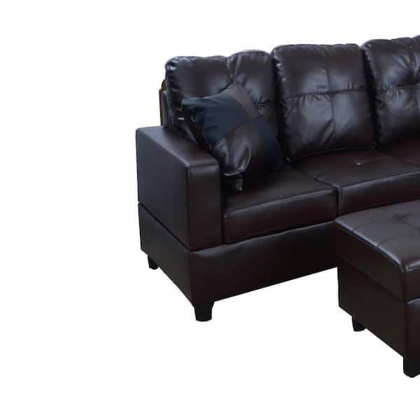 Living Brown Faux Leather 3 Seater, Leather Sofa With Fabric Ottoman
